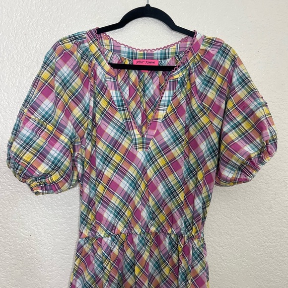 Betsey Johnson Pink Plaid Midi Dress Puff Sleeve Size M - Picture 7 of 15